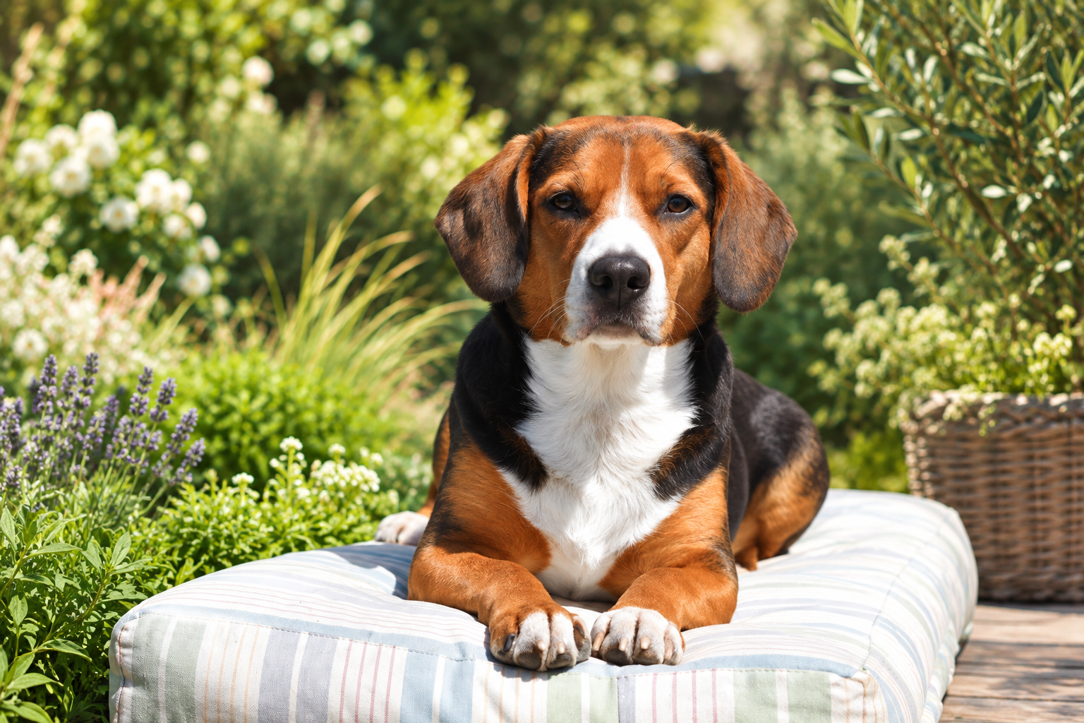 Dreifarbiger Hund liegt entspannt auf einem Kissen im Garten